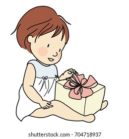 Vector illustration of smiling kid with gift box. Family concept - happy birthday, merry Christmas and happy new year . Cartoon drawing style, isolated on white background.