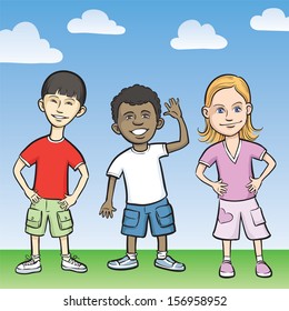 Vector illustration of Smiling kids standing. Easy-edit layered vector EPS10 file scalable to any size without quality loss. High resolution raster JPG file is included.