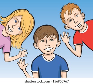 Vector illustration of Smiling kids waving. Easy-edit layered vector EPS10 file scalable to any size without quality loss. High resolution raster JPG file is included.