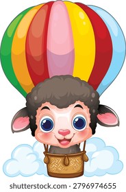 Vector illustration of a smiling lamb riding a vibrant hot air balloon through clouds.