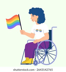 Vector illustration of a smiling LGBTQ woman in a wheelchair holding a rainbow pride flag. A vibrant and inclusive design representing disability pride, empowerment, and love during Pride Month. Ideal