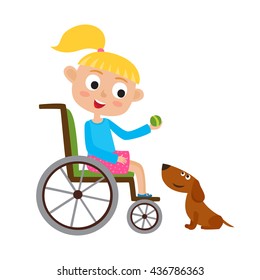 Vector illustration of smiling little blondy girl with ball on a wheelchair playing with dog isolated on white. Cartoon  happy disabled girl playing with an cute dog.