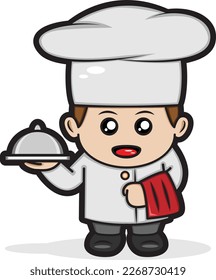 vector illustration of a smiling little chef holding a pan tray