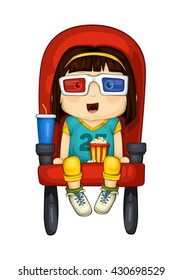 Vector illustration smiling little girl in 3d-glasses on red chair in movie with popcorn and soda on white background. Cinema 1.1