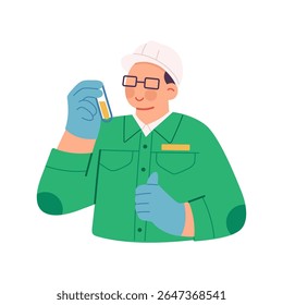 Vector illustration of smiling male agricultural engineer collecting soil sample using a glass experiment tube. Gives thumbs up, symbolizing successful research and innovation in modern agriculture