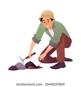 Vector illustration of smiling male archaeologist digging earth with pickaxe. Flat cartoon character. Excavation, work, research. Isolated background.