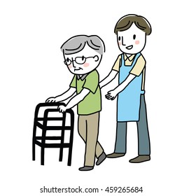 vector illustration - smiling male caregiver taking care of happy elderly man using walker. Recovery of walking ability.