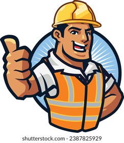 Vector illustration of a smiling male construction worker in a hard hat and high visibility vest, gesturing thumbs up