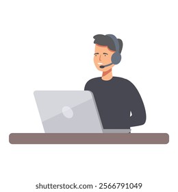 Vector illustration of a smiling male customer service representative with headset working on a computer