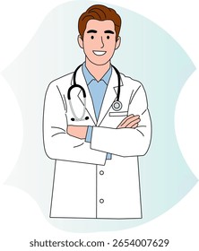 A vector illustration of a smiling male doctor wearing a white lab coat and stethoscope around his neck. The character is standing with folded arms.