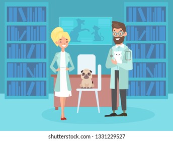 Vector illustration of smiling male female veterinarians. Vet pet doctors, cute puppy dog in flat cartoon style.