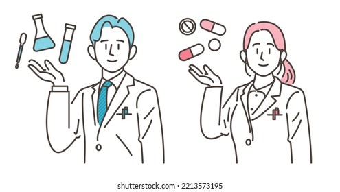 Vector illustration of a smiling male and female pharmacist. They are carrying medicines and dispensing tools in their palms.