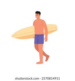 Vector illustration of a smiling male surfer. Cartoon scene of a handsome slim man dressed in a swimsuit walking with a surfboard isolated on a white background. Active recreation. Water sport.