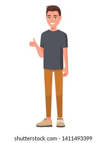 Vector illustration of smiling man in casual clothes show thump up for agreement sign with success business concept. Cartoon realistic people set. Flat young man. Front view. Good hand, good job.