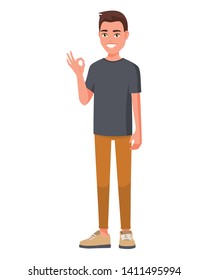 Vector illustration of smiling man in casual clothes with hand ok sign. Cartoon realistic people set. Flat young man. Front view man, Isometric view.