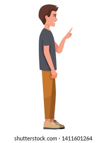 Vector illustration of smiling man in casual clothes pointing with hand and finger to the side. Cartoon realistic people. Flat young man. Front view, Isometric view.