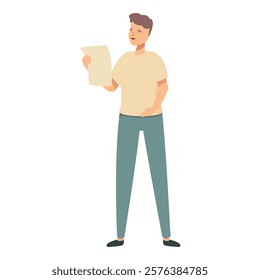 Vector illustration of a smiling man in casual attire standing and reading a paper