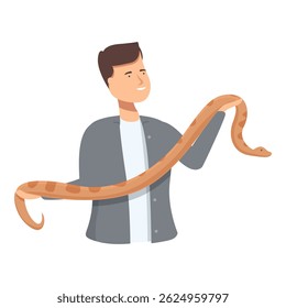 Vector illustration of a smiling man casually holding a pet snake on his arm