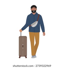 Vector illustration of a smiling man confidently walking with luggage. Wearing casual attire and a crossbody bag, he represents a modern traveler ready for adventure and exploration.