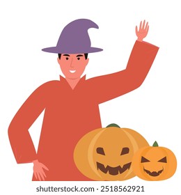 Vector illustration of a smiling man dressed in a Halloween costume, wearing a purple hat and orange shirt, next to two carved jack-o-lantern pumpkins.