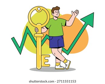 Ilustración vectorial de un hombre sonriente sosteniendo una Grande llave de oro mientras está de pie frente a una flecha verde en ascenso que simboliza el crecimiento, el éxito y la oportunidad