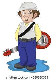 Vector illustration of a smiling man holding guitar on his back.