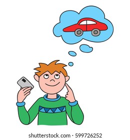 Vector illustration of smiling man holding credit card and planning car shopping.