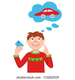 Vector illustration of smiling man holding credit card and planning car shopping.