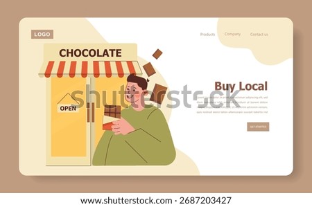 Vector illustration of a smiling man holding a chocolate bar outside a local chocolate shop. Text promoting buying local is displayed, suggesting support for local businesses.