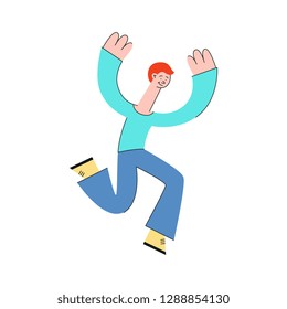 Vector illustration of smiling man jumping with happiness in flat style. Successful young male character jumping for joy isolated on white background for success or freedom concept.