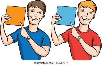 Vector illustration of smiling man pointing finger at blank placard. Easy-edit layered vector EPS10 file scalable to any size without quality loss. High resolution raster JPG file is included.