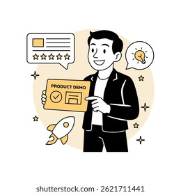 Vector illustration of a smiling man presenting a product demo with icons of reviews, ideas, and a rocket. for tech startup launches, SaaS demos, and app previews.