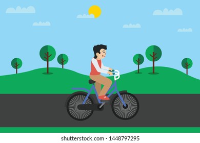 Vector illustration of a smiling man riding an electric bicycle in the city park in cartoon style. 