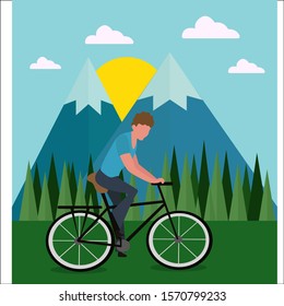 Vector illustration of a smiling man riding an electric bicycle in the park in cartoon style.