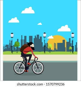 Vector illustration of a smiling man riding an electric bicycle in the park in cartoon style.