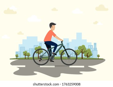 Vector Illustration Of A Smiling Man Riding An Electric Bicycle In The City Park In Cartoon Style. Cyclist Enjoys Trip On Ebike. Urban Skyline Building Landscape With Trees Behind The Person On Bike.