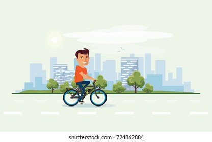 Vector Illustration Of A Smiling Man Riding An Electric Bicycle In The City Park In Cartoon Style. Cyclist Enjoys Trip On Ebike. Urban Skyline Building Landscape With Trees Behind The Person On Bike. 