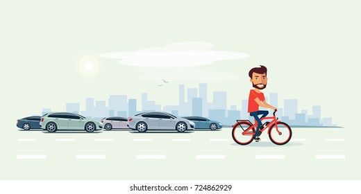 Vektorgrafik des lächelnden Mannes, der in der Stadt mit Autos im Cartoon-Stil ein Elektrofahrrad fährt. Urbane Skyline-Baulandschaft mit Stau hinter der Person auf dem Fahrrad. 