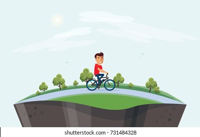 Vector illustration of a smiling man riding an electric bicycle in the city park nature in cartoon style. Healthy lifestyle cyclist enjoys trip on ebike in countryside. Earth globe section underneath.