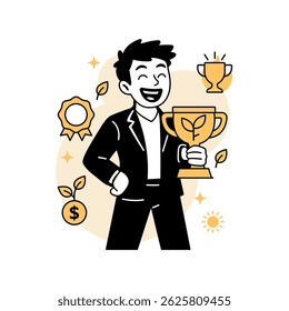 Vector illustration of a smiling man in a suit holding a green energy award trophy, symbolizing success in eco friendly business and sustainable economic development.