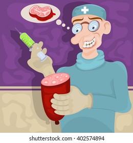 Vector illustration of a smiling man trying to improve quality of a meat product.