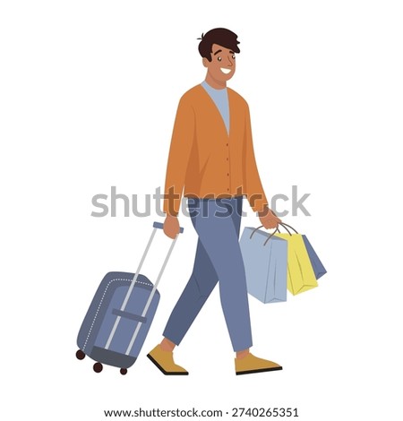 Vector illustration of a smiling man walking with a suitcase and holding shopping bags. Depicts travel and shopping combined, reflecting a joyful and relaxed mood.