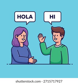 Ilustración vectorial de un hombre sonriente saludando y una mujer con el pelo púrpura, ambos con burbujas de discurso diciendo 'Hola' y 'Hola', representando un saludo amistoso.