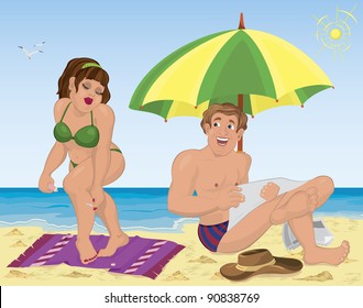 Vector illustration of a smiling man and a woman applying lotion