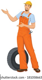 Vector illustration of Smiling  mechanic pointing 