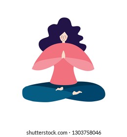 Vector illustration of a smiling meditating woman in the Lotus pose. Modern bright flat character sitting with prayer hands. Cute minimalist yoga girl isolated on white.