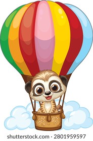 Vector illustration of a smiling meerkat in a basket flying through clouds against white.