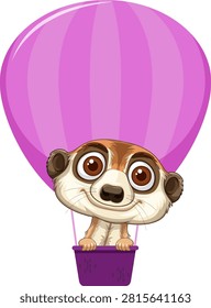 Vector illustration of a smiling meerkat character riding a purple hot air balloon basket.