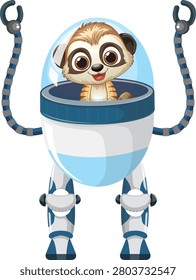 Vector illustration of a smiling meerkat inside a mechanical robot suit with glass dome.