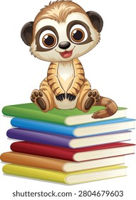 Vector illustration of a smiling meerkat sitting atop colorful books on a white background.